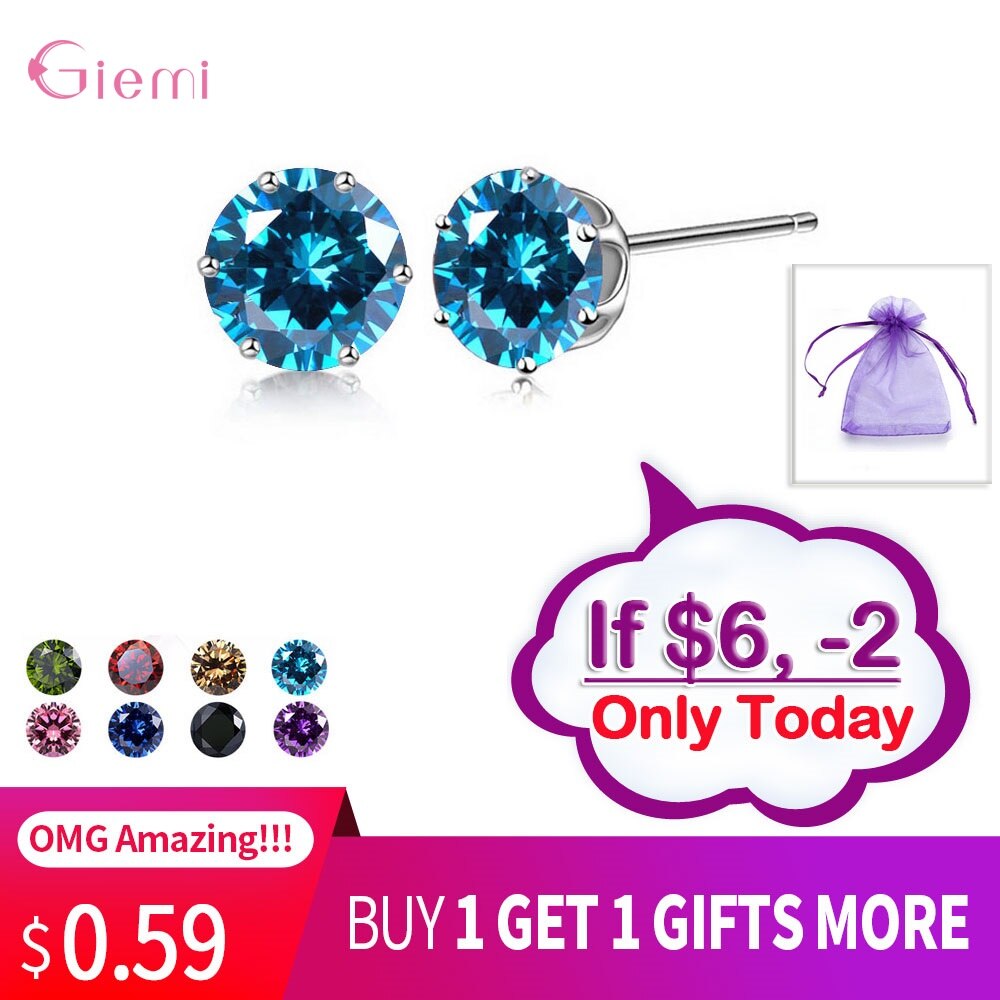 Cubic Zirconia CZ Stone 6MM Jewelry Stud Earrings 925 Sterling Silver Earrings Women 20 Colors: Color20