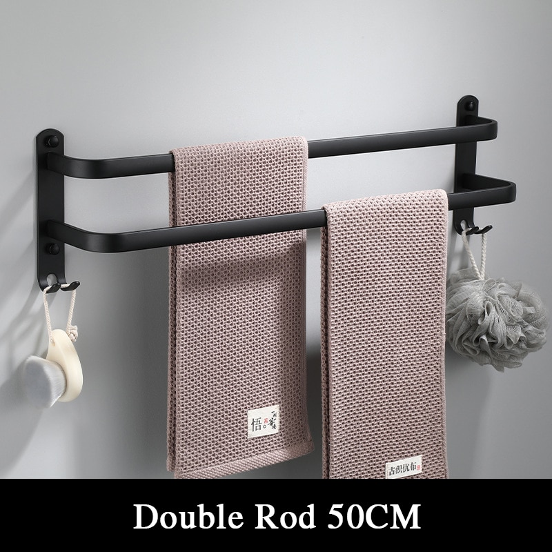 Håndklædeholder mat sort håndklædebøjle vægmonteret håndklædeholder plads aluminium toilet enkeltlag flerlags badeværelsestilbehør: Dobbelt stang 50cm