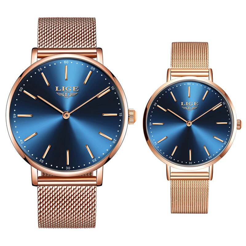 Par ure til elskere lige top mærke luksus kvarts ur vandtæt armbåndsur afslappet damer ur par kærlighed: Rosa guldblå