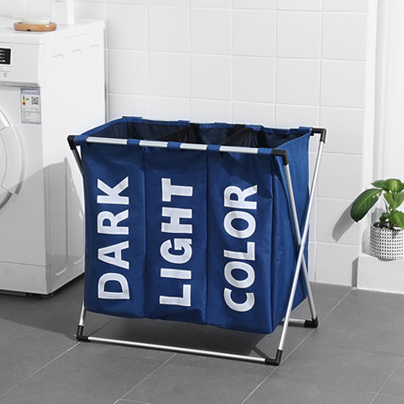 Laundry Basket 3 Hamper Organizer Bathroom Folding Triple Laundry Basket Large Oxford Fabric Laundry Basket With 3 Compartments: Dark Blue 3 cells