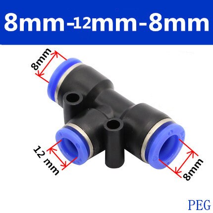 3- vägs t-formad tee pneumatisk 10mm 8mm 12mm 6mm 4mm 16mm od tryck in luftgaskoppling snabbkopplingar vatten slangkoppling: 8-12-8