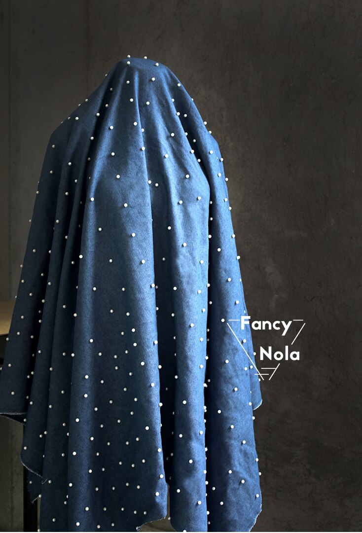 Pearl denim 150cm bredde håndlavet beaded denim blå klud gør-det-selv 3d stereo stof  cg086