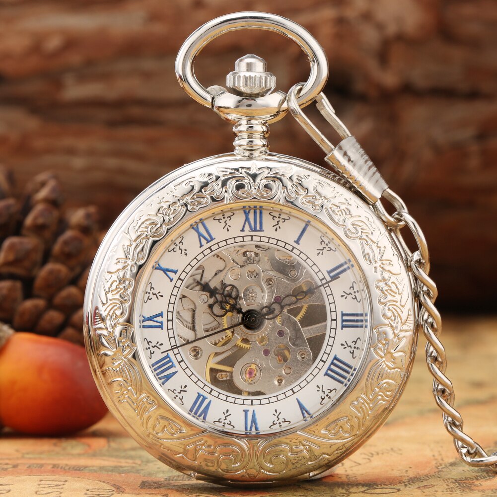 Blue Skeleton Prachtige Hanger Mannen Hand-Kronkelende Zilveren Mechanisch Zakhorloge Premium Alloy Sieraden Pols Chain Horloge