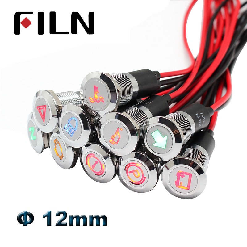 12mm dashboard warning symbol led indicator light pilot lamp 12v 24v led red green blue panel mounted pilot lamp