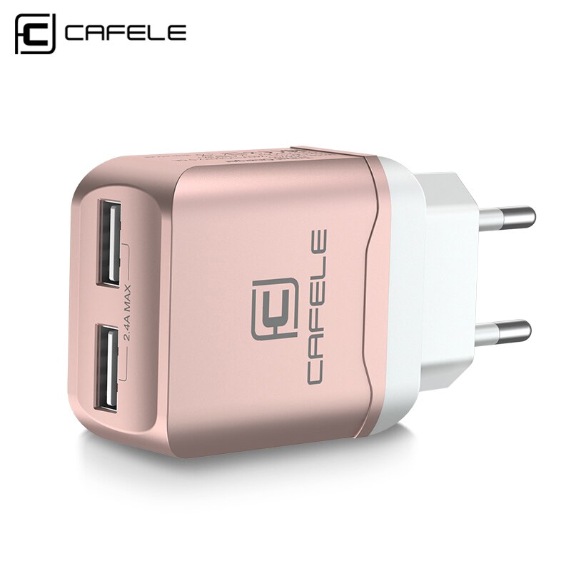 CAFELE EU Charger Plug Travel USB 2.4A Dual output Universal Adapter Charger Smart Phone Charger with 2 in 1 Retractable cable
