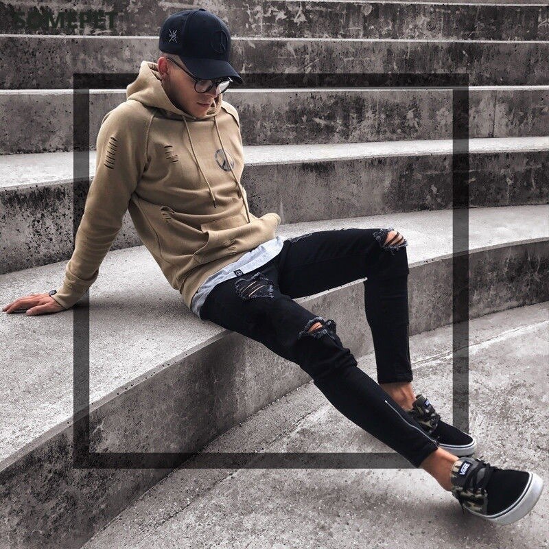 Black Stretch Skinny Fit Bottom zipper Jeans Men Knee Ripped Distressed Hole biker jeans Pants Hip Hop Street Big Size XXXL