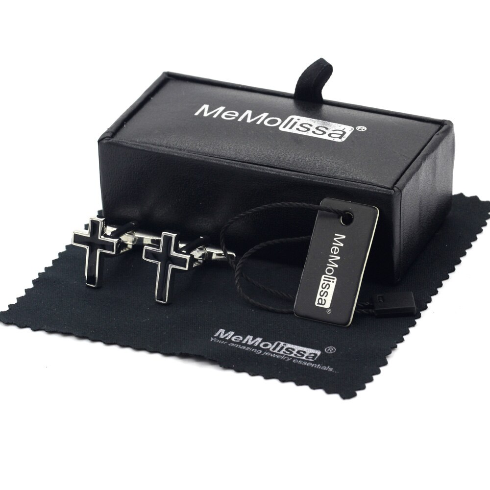 MeMolissa – boîte d'affichage pour hommes, boutons de manchette croix en fer religieux, avec bijoux plaqué émail noir, étiquette gratuite et chiffon d'essuyage: Cufflinks Box Set