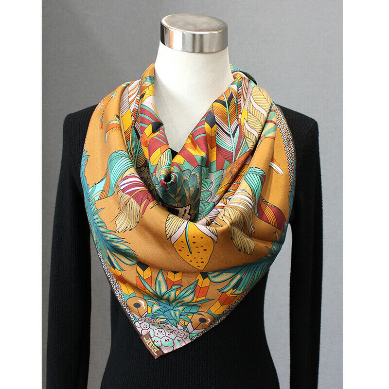 Foulard en soie sergé 100% pour hommes et femmes, 90x90cm, , Style Tribal aztèque, Double face, plume, châle, Hijab