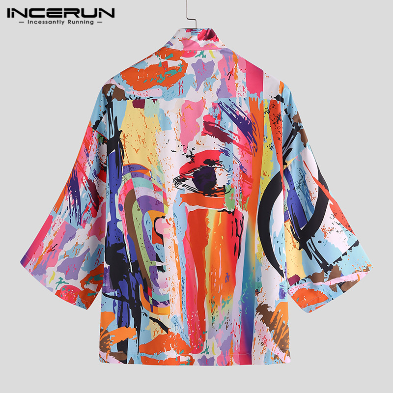 INCERUN Japanese Style Men Kimono Printed Outerwear Yukata Half Sleeve Vintage Loose Tops Men Cardigan Clothing 3XL