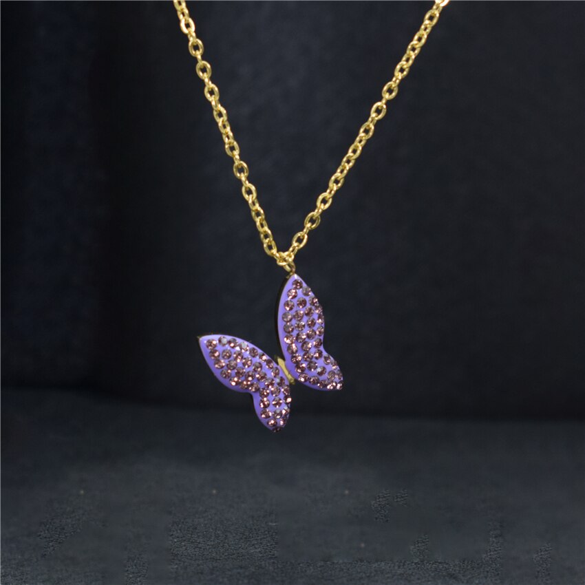 Unique Stainless Steel Gold Chain CZ Blue Butterfly Necklace For Women Bijoux Femme Pineapple Choker Necklaces Birthday BFF: Gold Purple 1