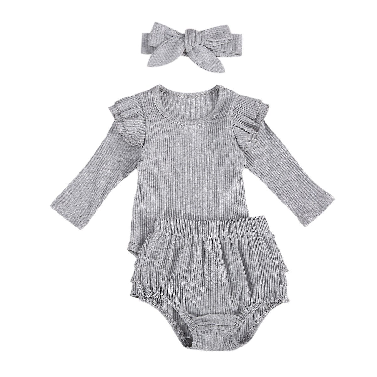 Cathery newborn kledingpak peuter babymeisje effen kleur gerimpelde vliegende mouw romper shirt + broek + strik hoofdband 3 stuks: C / 24m