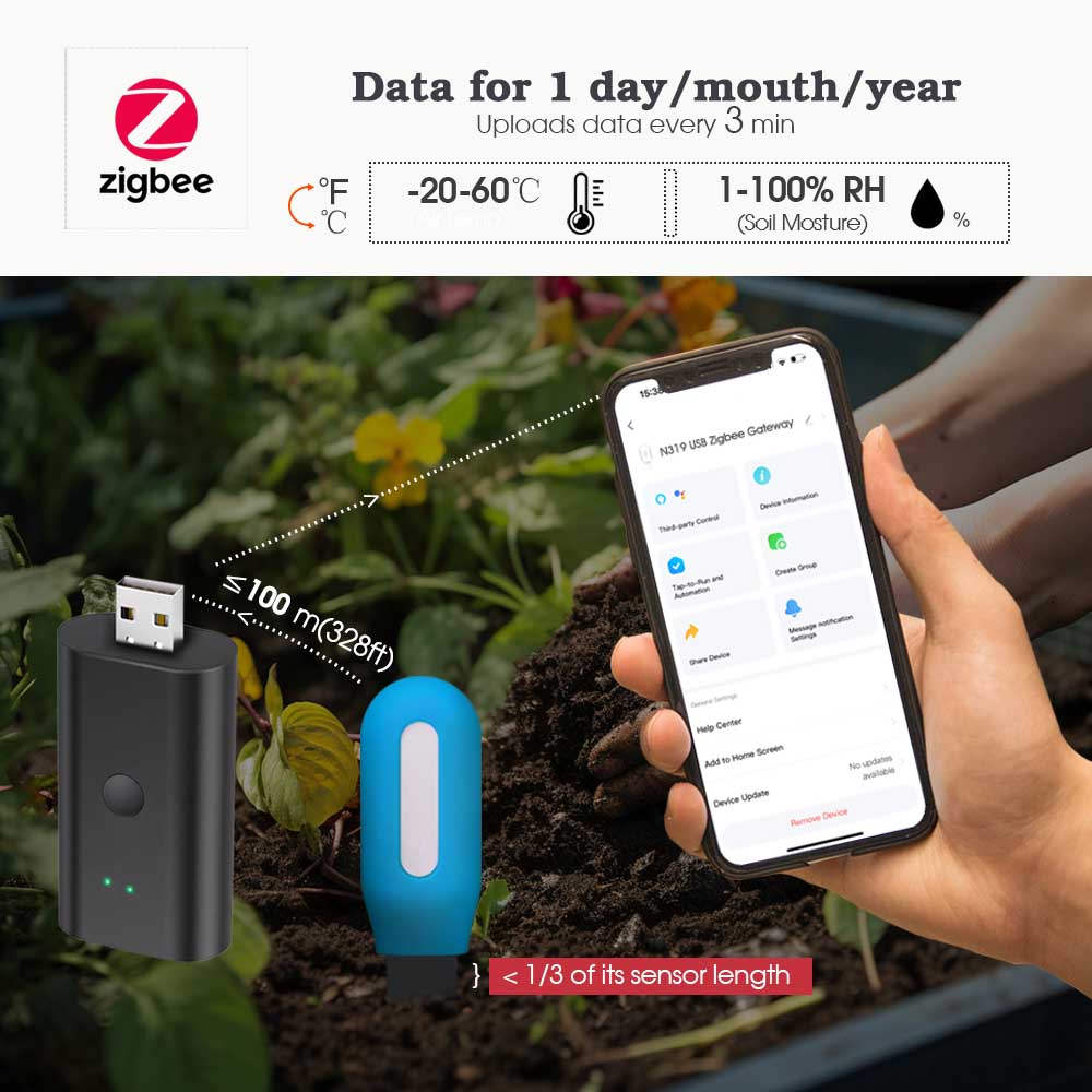 Zigbee Soil Sensor with Gateway Kit Real-Time Soil Moisture & Air Temperature Monitor for Greenhouse Garden Lawns Plants Tester