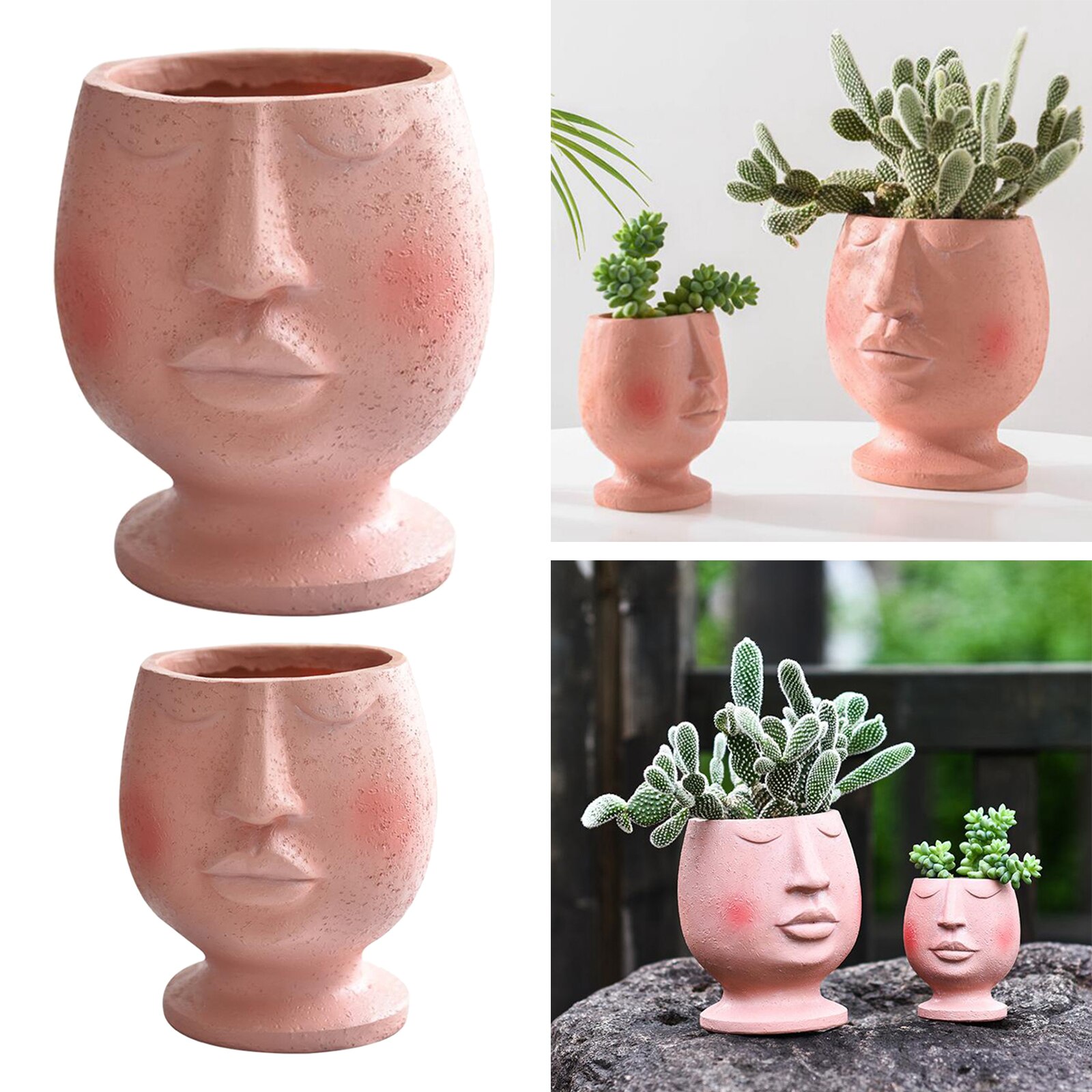 Pink Round Face Head Plant Pot Resin Succulent Planter Vase Handmade Kids