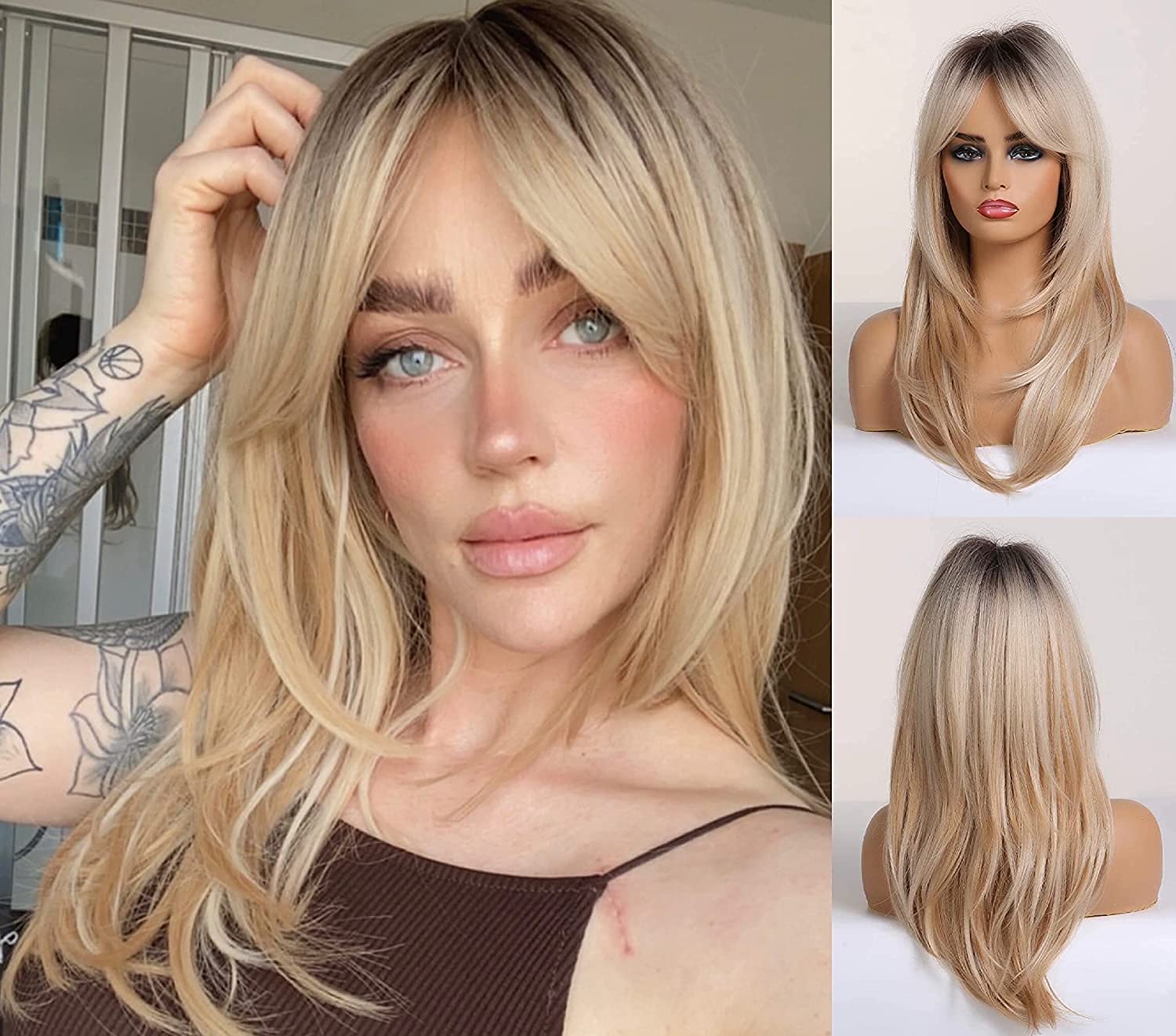 Long Synthetic Straight Wigs Ombre Brown Ash Blonde Wigs with Bang for Women Cosplay Lolita Daily Party Heat Resistant: LC259-1