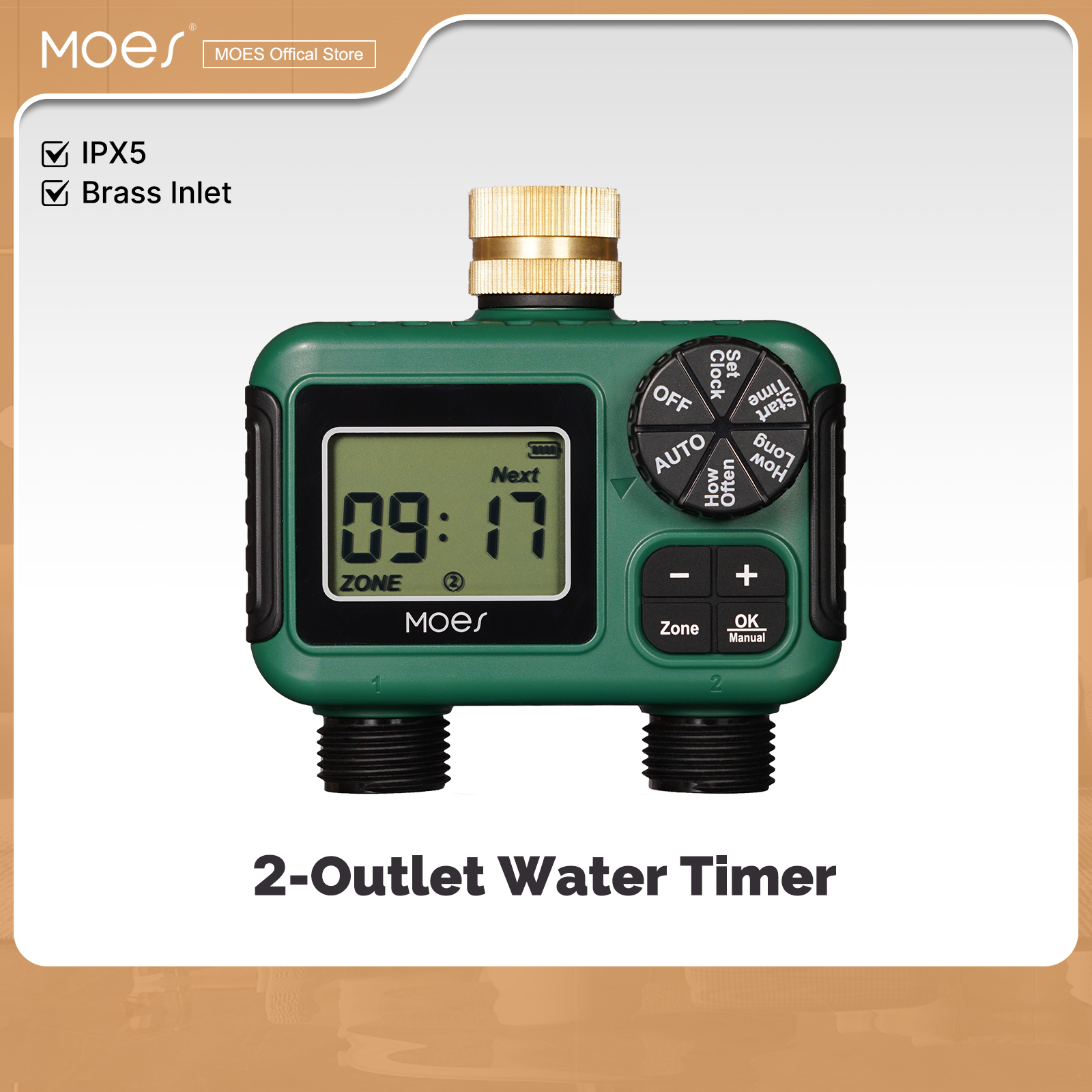 MOES 2-Auslass-Wassertimer, Durcheinander-Einlass, IPX5, wasserdicht, Drehknopf, LCD-Anzeige, Regenverzögerung, Kindersicherung, Gartenbewässerung