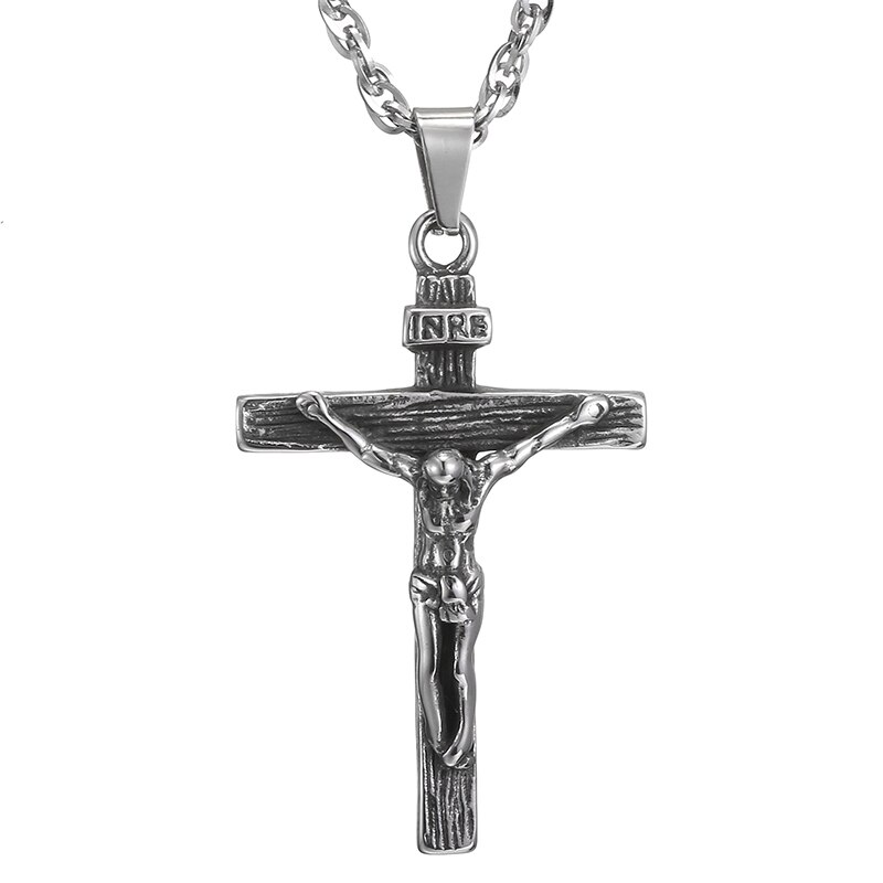 Jesus Crucified Cross Necklace Men Pendant 4 Colors Stainless Steel Chain Choker for Women Christian Classic Jewelry Christ: Retro Silver