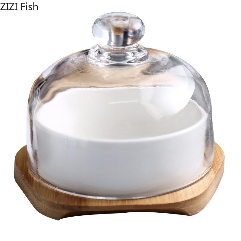 Noord-europese keramische snackschaal, set van 3 met glazen deksel, vershoudschaal voor restaurant, huishouden, taart, dessertschaal