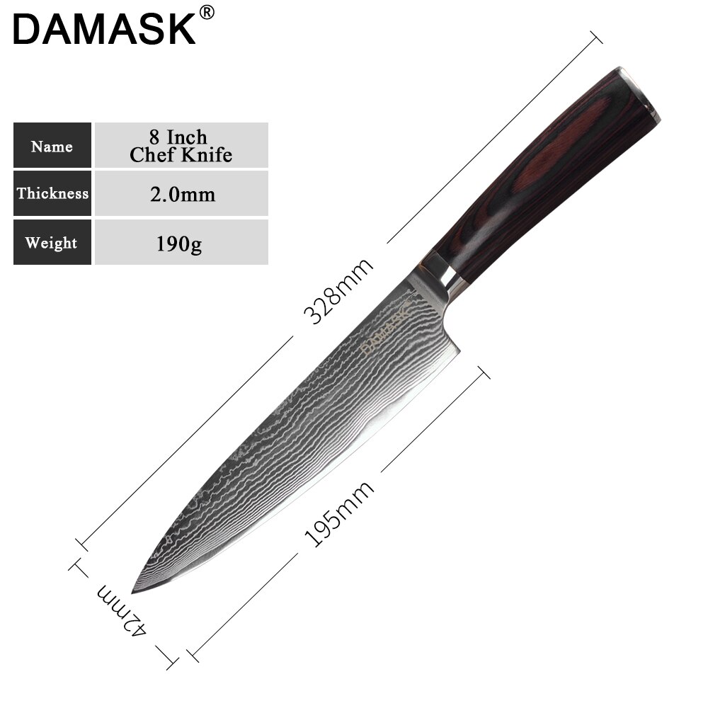 DAMASK Santoku Damascus Steel Knife High Hardness G10 Color Wood Handle Japan Kitchen Knives Meat Cleaver Slicing Chef Knives: 8 inch Chef Knife