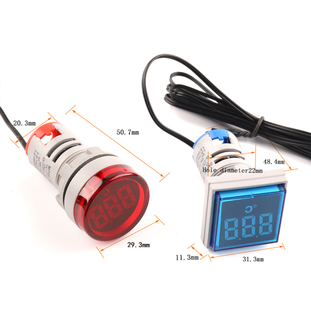 Termómetro Digital LED cuadrado redondo, luces de señal, medidor de temperatura, Sensor Detector, 20-199 Celsius, 50-500V CA, 22mm