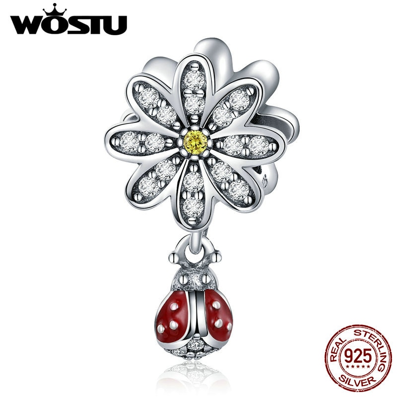 Wostu 925 sterling silver daisy & ladybug dingla charm passar original gör-det-själv pärlor armband smycken göra cqc 727