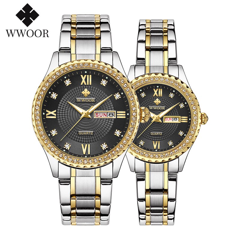 Wwoor Luxe Paar Zilveren Roestvrij Staal Horloges Mannen Vrouwen Quartz Lover 'S Horloge Datum Quartz Horloges Montre Femme Homme