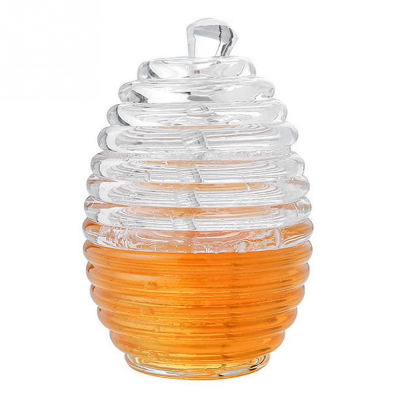 265ml gennemsigtig bikubeformet honningkrukke med dryppestok til opbevaring og udlevering af honningkrukke i køkkenholder