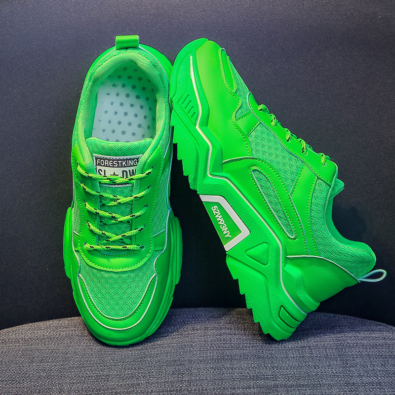 Kvinnors clunky sneakers höjdökning grön gul vit färg tjock sula air mesh kvinna vardagsskor