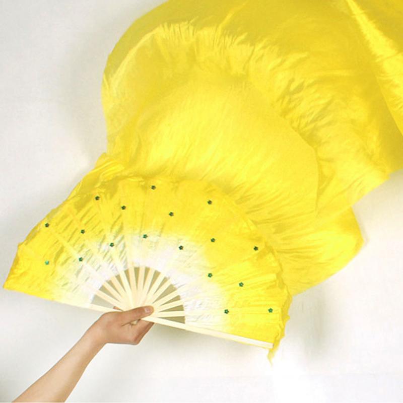 Éventail coloré de danse du ventre fait à la main pour femmes, éventail Long en bambou en soie et voile de Costume, , 1.8m: YELLOW