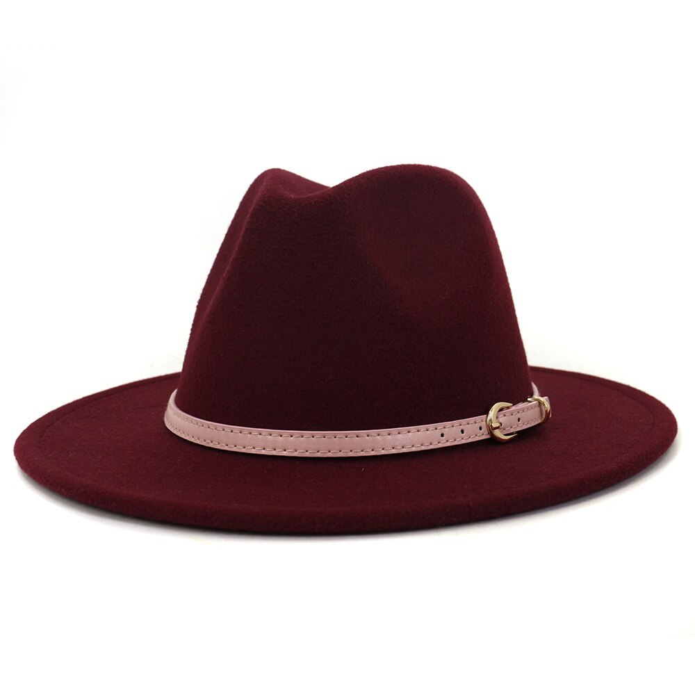 Fs roze vilten hoed winter fedora hoeden dames imitatie wol mix brede rand panama klassieke britse herfst dame jazz pet voor heren: Wijnrood