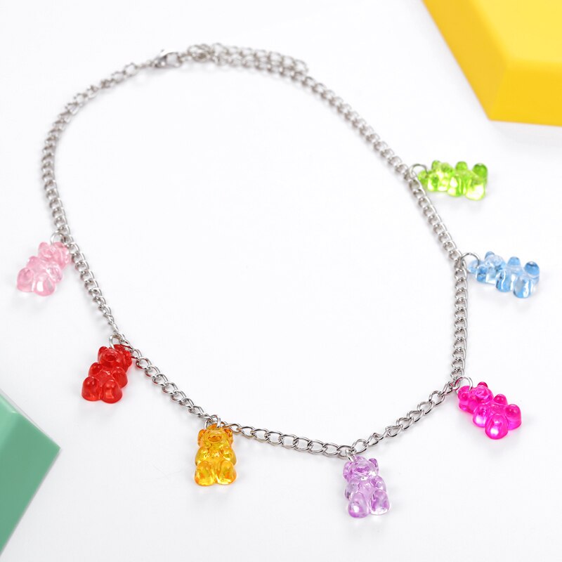 Regenboog Leuke Jelly Kleine Beer Ketting Bohemian Ketting Transparante Beer Hanger Kettingen Sieraden Voor Vrouwen Kids Accessoires