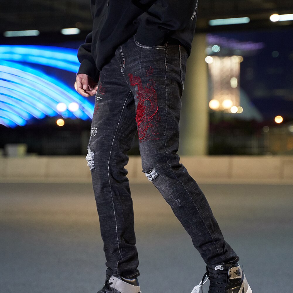 Pantalones vaqueros ajustados con bordado de dragón para hombre, Jeans rasgados a la , ropa de calle, Jeans desgastados lavados con agujeros, color negro