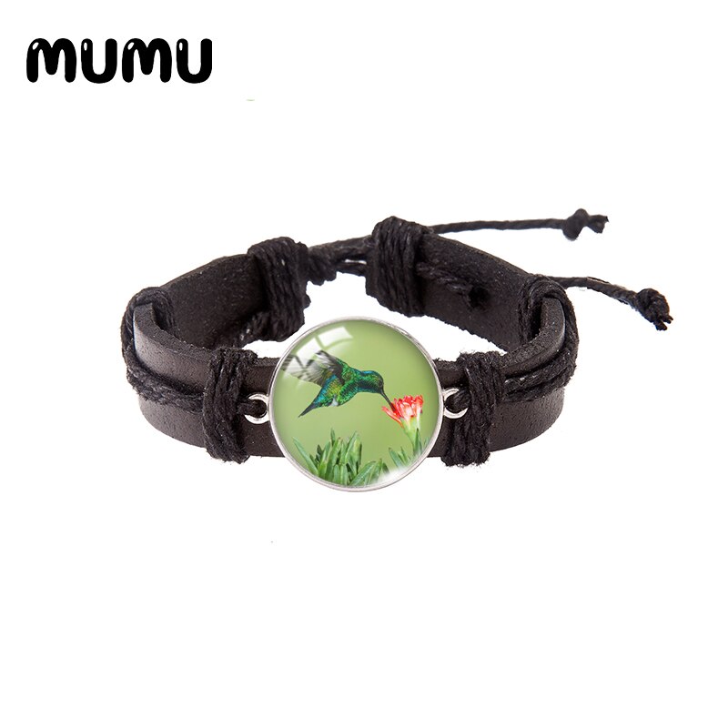 Hummingbird Flower Leather Bracelet Round Glass Dome Bracelets Handmade Jewelry Men Women: 6