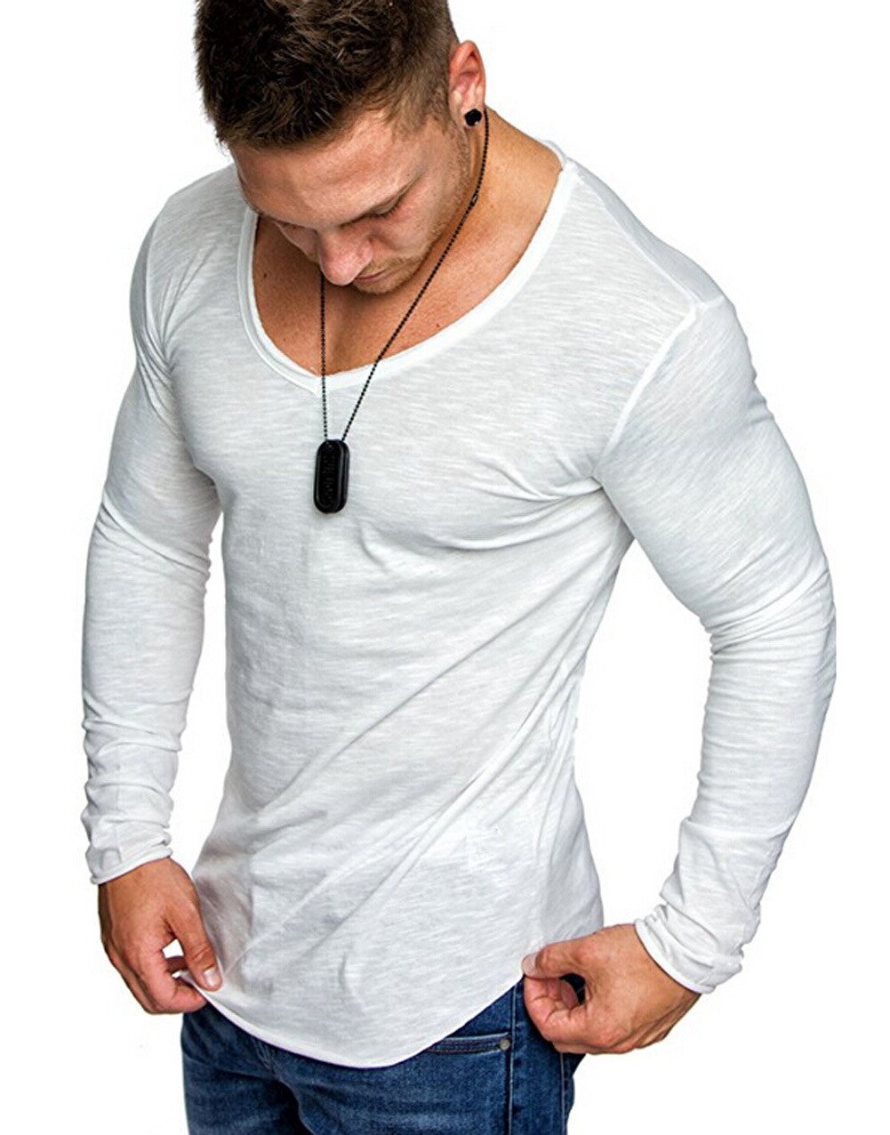 Moomphya streetwear hip hop herre t-skjorte langlinjekant ensfarget t-skjorte herre stilig slim fit t-skjorte sommer topper morsomme t-skjorter: Hvit / Asia størrelse l