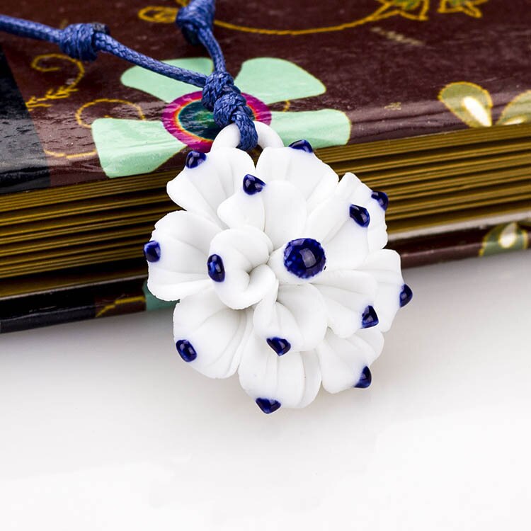 Vintage Stijl Blauw En Wit Keramische Handgemaakte Lotus Bloem Hanger Ketting Chinese Stijl Etnische Stijl Lange Ketting Vrouwen Lady: blue03
