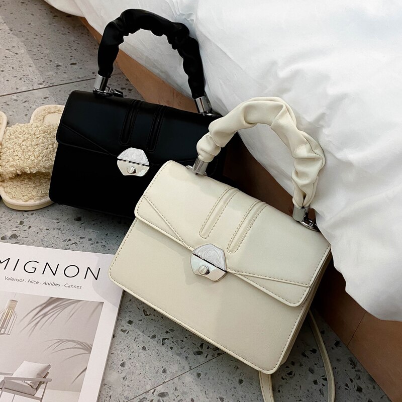 Effen kleur geplooide flip tote tas hoge pu leren dames handtas slot schoudertas messenger bag