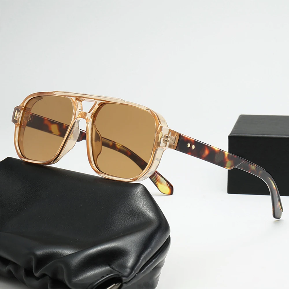 JNPCXI Vintage doble puente hombres gafas de sol cuadradas verde océano lente UV400 gafas mujeres tendencia remaches gafas de sol: Naranja