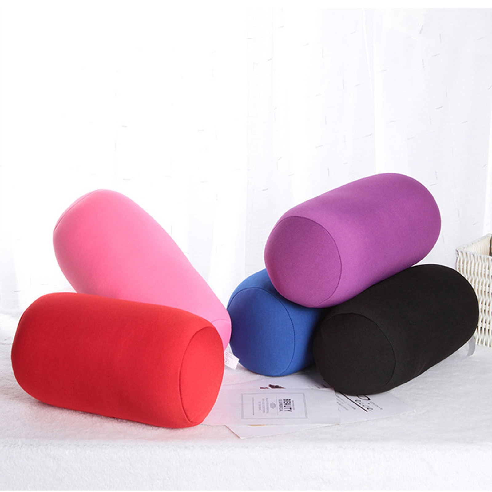 Rollo almohada asiento cabeza cuello de viaje Micro Mini Microbead cojín Color puro cilíndrico almohada cojín para siesta para oficina
