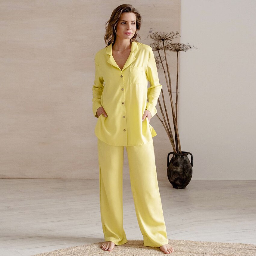 Hiloc Yellow Pajamas For Women Nightwear Single Breasted Trouser Suits Pocket Sleepwear 2 Pieces Female Set Pajama 2022 Spring