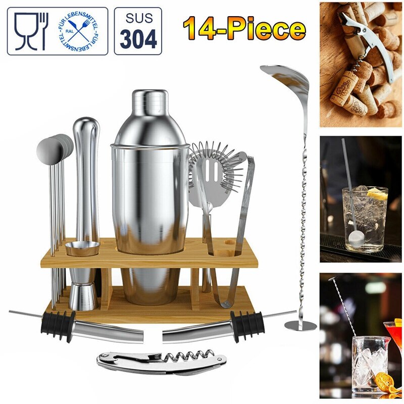 14PCS 750Ml Stainless Steel Cocktail Shaker Bar Mojito Set Jigger Muddler Bartender Tools Kit