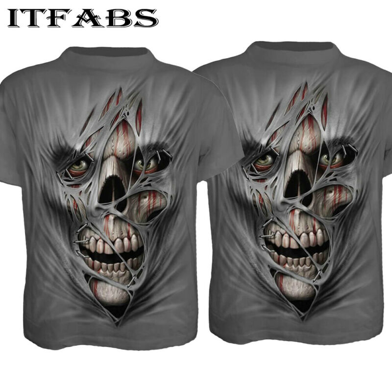 UK Men`s O Neck Bodybuilding Tops Slim Fit Gym Clothing 3D Printed Skull T-shirt Male Top Tees Clothing