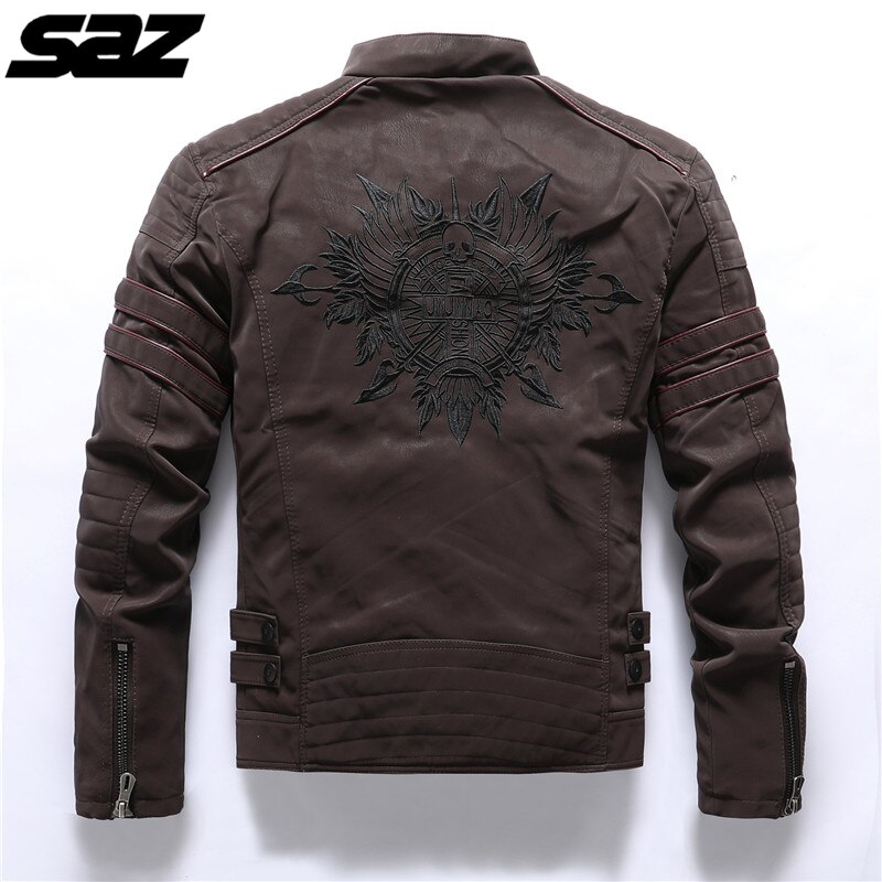 Saz män broderi dödskalle motorcykel skinnjackor biker läder kappa vinter varm casual jacka för män: Kaffe / L