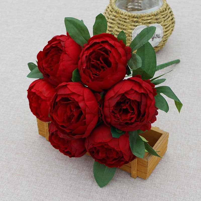 7 Heads Artificial Peony Bouquets Wedding Flowers Arrangement,Blue Red White Silk Peonies Flower Home Office Table Decoration: Red