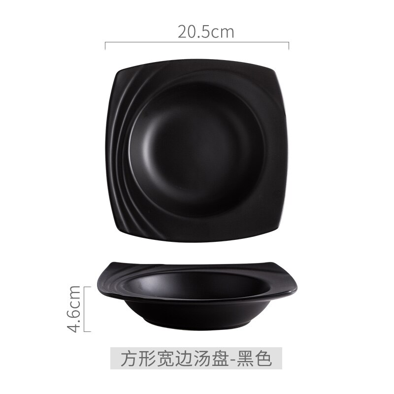Plato de cerámica para sopa, Plato cuadrado nórdico de porcelana Occidental Profunda para comida, aperitivos, fruta, ensalada, vajilla,: BLACK