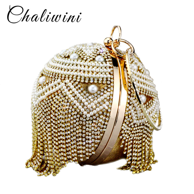 Chaliwini Kwastje Golden Lady Schouder Parel Kralen Ronde Bal Bruiloft Tas Vrouwen Avond Bridal Kristal Knucklebox Clutch Handtas