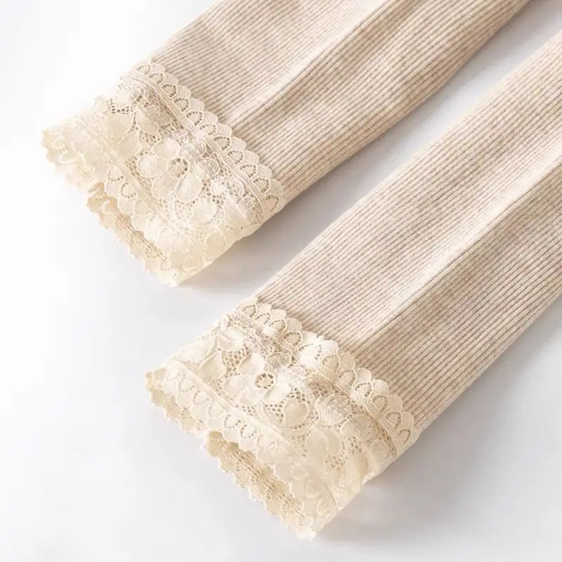 Pantalones de lana gruesa para mujer, mallas térmicas de algodón, adornos de encaje adelgazantes, pantalones cálidos de nueve puntos, rayas verticales, Otoño e Invierno: XXS / green