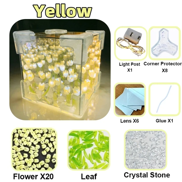 Lámpara de mesa de tulipán artesanal para dormitorio, luz nocturna de espejo de tulipanes, flor de simulación hecha a mano, de cumpleaños: YELLOW