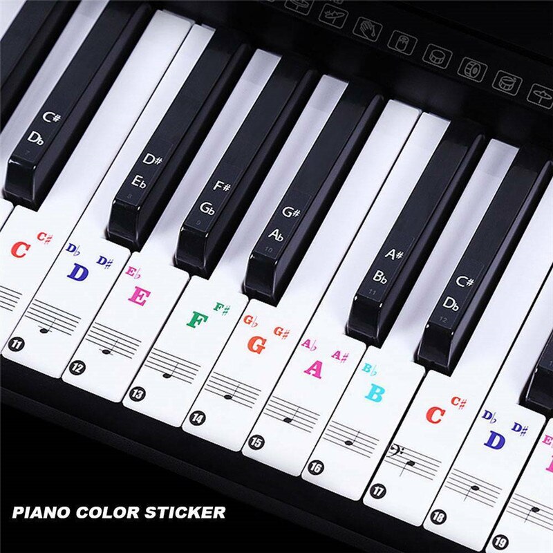 Piano Stickers Keyboard Music Note Chart Removable Decal 49, 54 ,61or 88 Keys: colorful