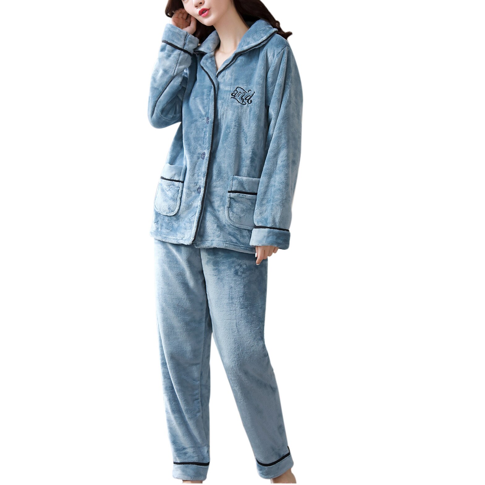 Ladies Casual Flannel Solid Letter Print Pockets Girls Long Sleeves Long Pants Pajamas Suits Odziez Domowa Dla Kobiet