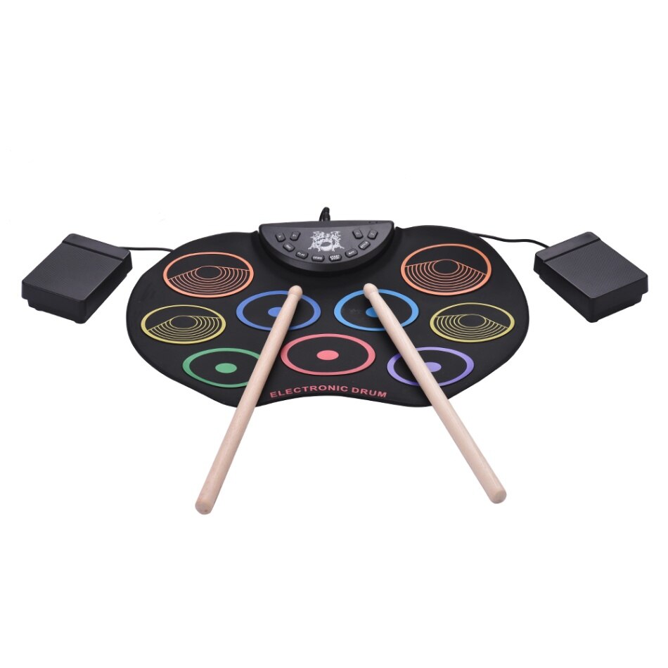 Elektronisch drumstel oprolbaar drumstel 9 siliconen drumpads usb/batterijgevoed met drumstokken voetpedalen voor kinderen: Kleurrijke pads