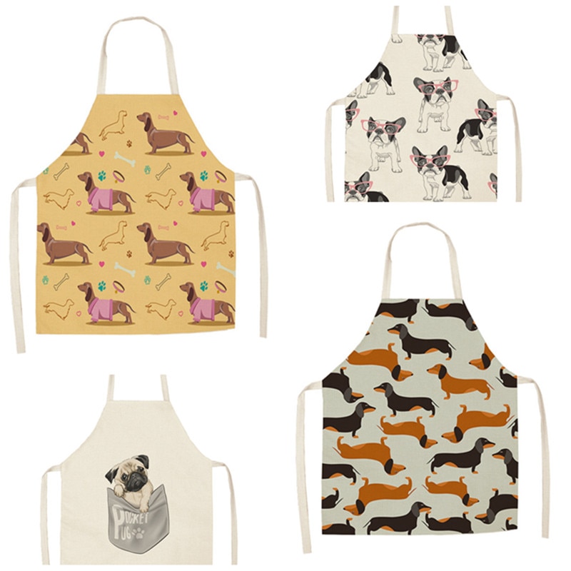 Fuuny Apron Bulldog Dachshund Pug Dog Printed Kitchen Apron for Woman Cotton Linen Bib 53*65cm Home Cooking Baking Cleaning Tool
